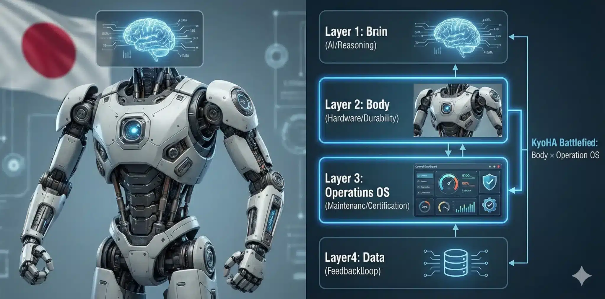 KyoHAの勝ち筋を4レイヤー(脳・身体・運用OS・データ)で整理した図