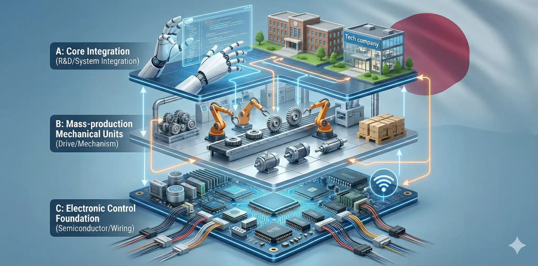 KyoHAの参加企業をA層(研究/統合)・B層(量産を支配)・C層(電装/制御)で層化した概念図