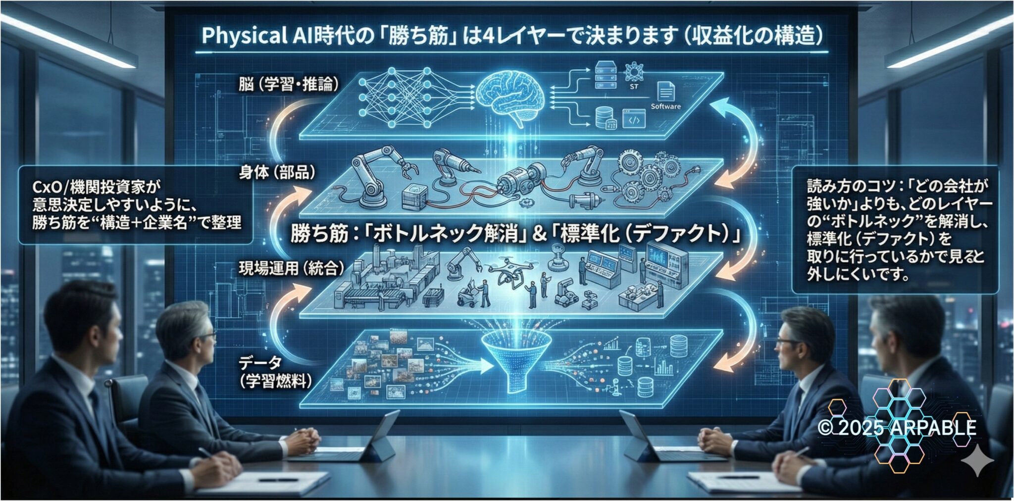 Physical AIの価値が脳、身体、運用OS、学習燃料の4レイヤーに分かれる構造図