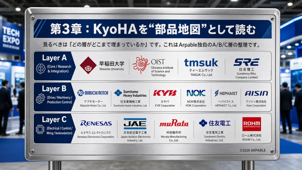 KyoHAを部品地図（駆動・センシング・制御・配線/接続・保守/統合）として俯瞰する図