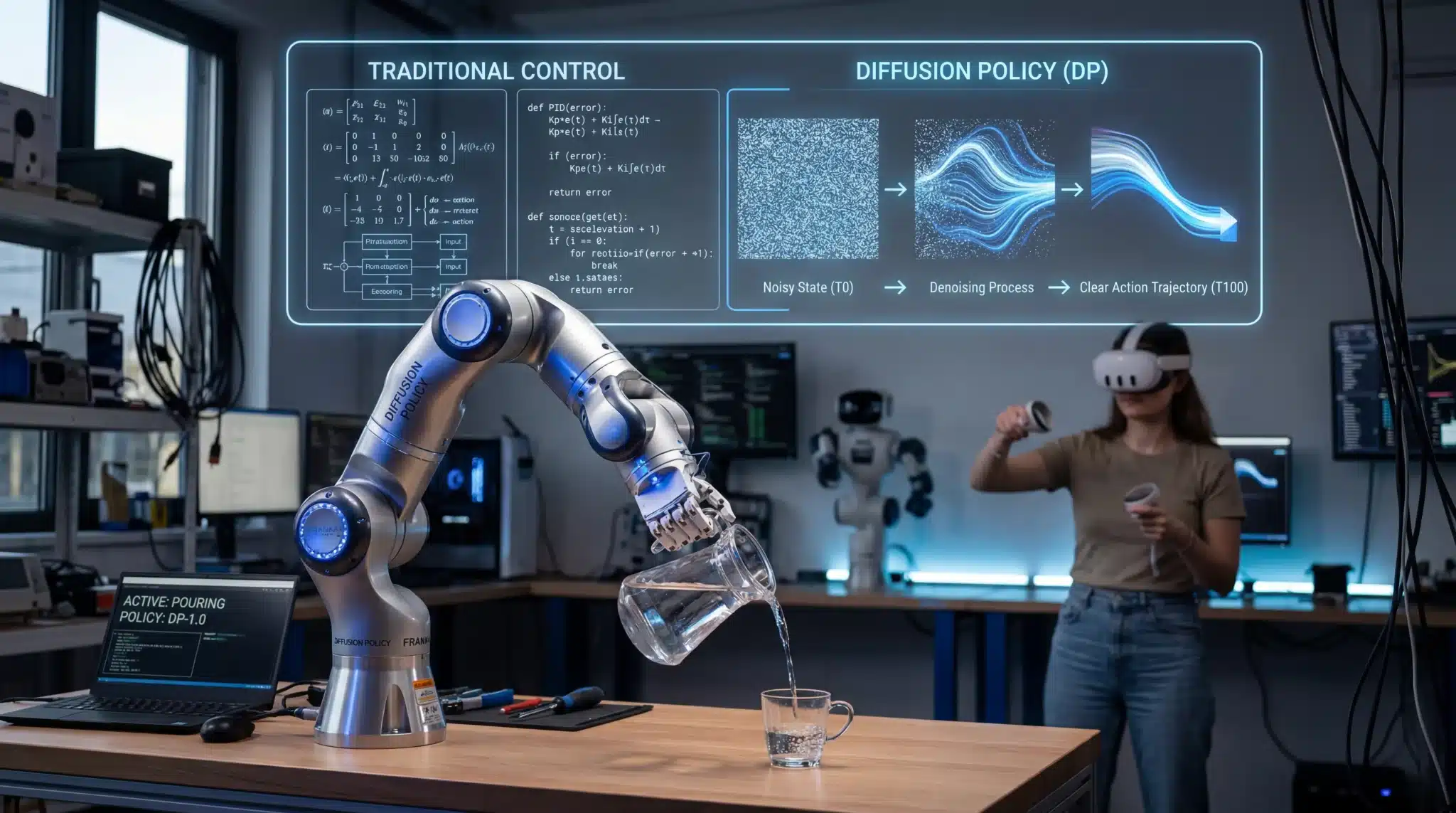 Diffusion Policyの本質は、ロボットに細かな制御コードを与えるのではなく、人間のデモから行動の意図を学ばせる点にあります。ここで開発の主戦場はコードからデータへ移ります。