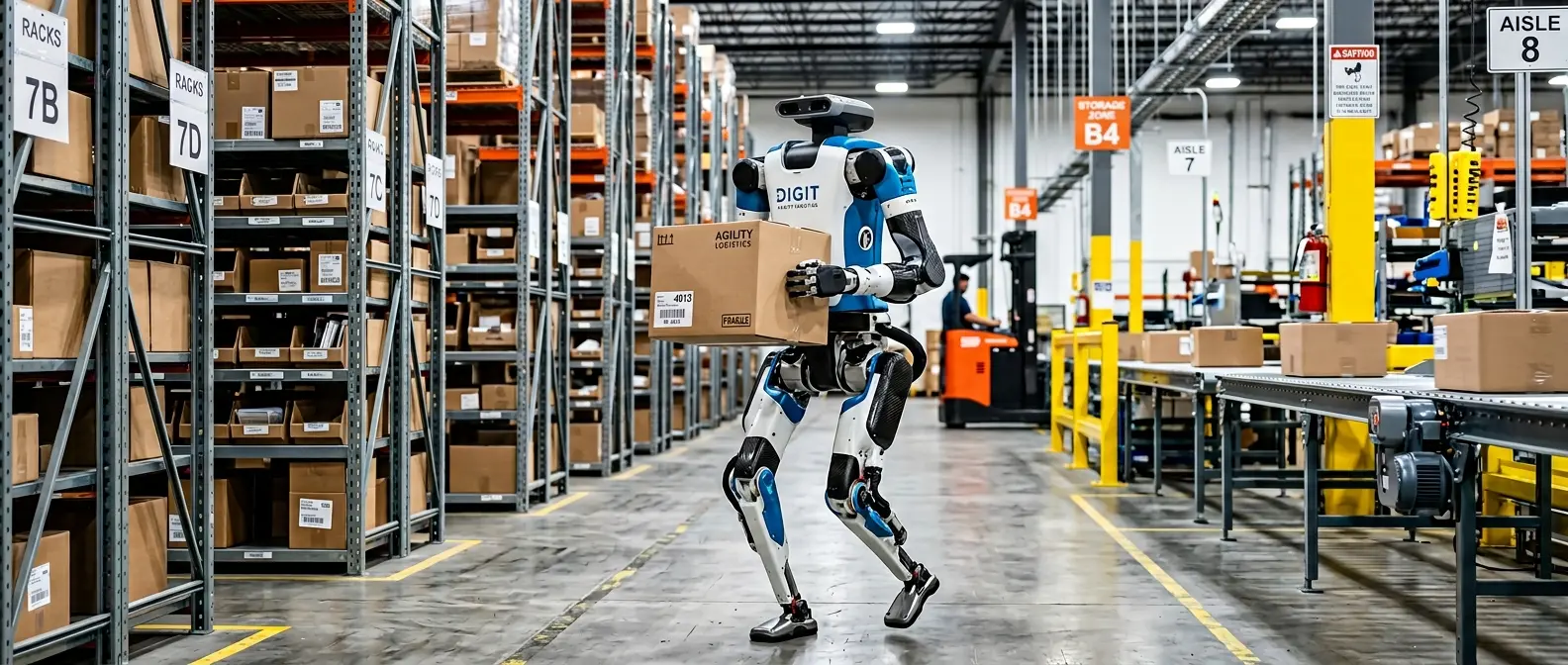 Agility Roboticsの二足歩行ロボットDigitが荷物を運んでいる様子