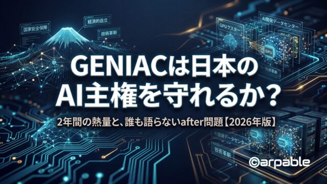 GENIAC（経産省・NEDO）の2年間を徹底検証。339億円・30社支援の成果を認めつつ、GPU終了後の自立問題、オープンウェイト時代の戦略転換、TSMC遅延リスクを解説。日本のAI主権の解はフィジカルAIにあると提言する。
