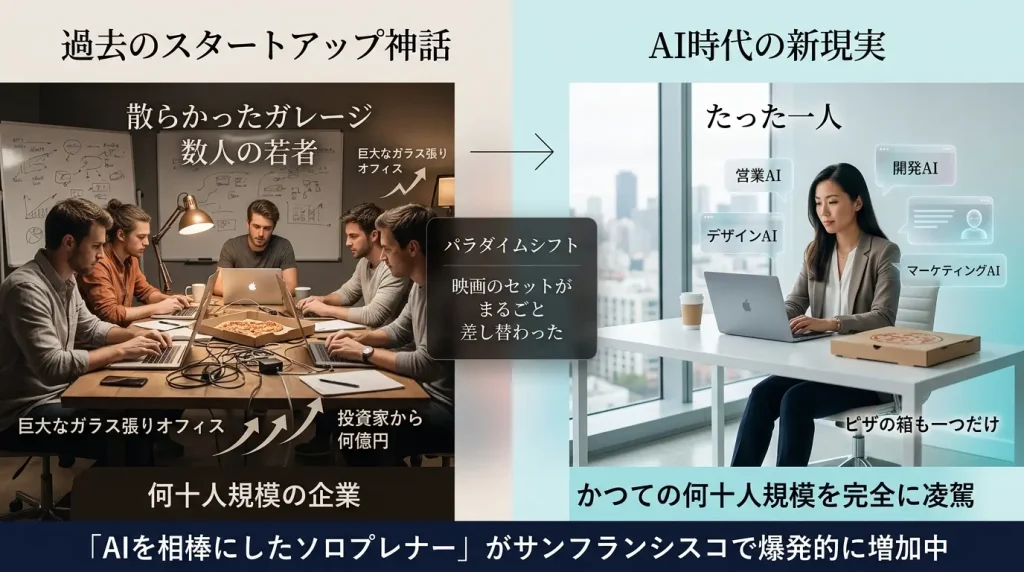 AIの浸透により、シリコンバレーのスタートアップ像は「数人の創業チーム」から「AIを相棒にした一人起業家」へ変わり始めている。