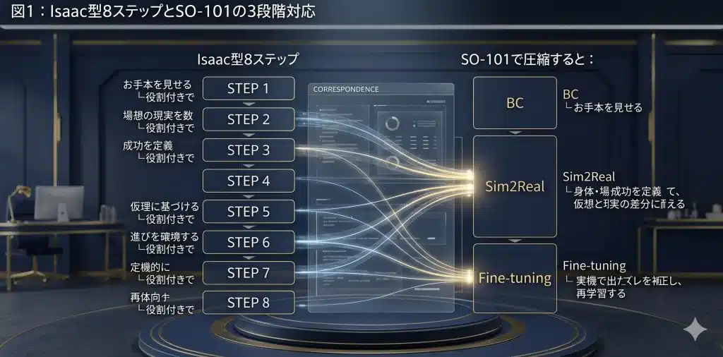 NVIDIA IsaacとOmniverseによるAIロボット開発、デジタルツイン、SO-101のBC・Sim2Real・Fine-tuning対応図