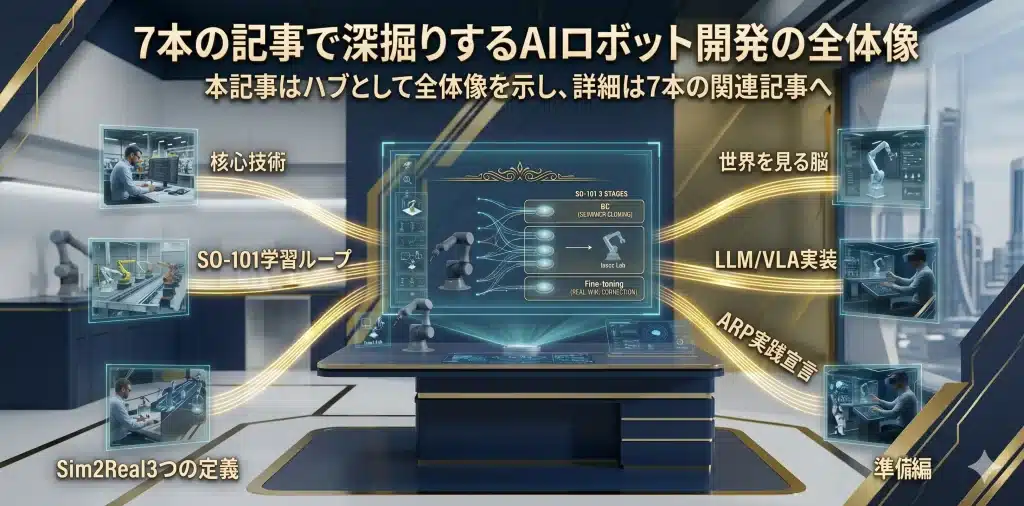本記事は、AIロボット開発記事群の最上位ハブである。詳細実装や個別論点は、関連7本の記事へ分担することで、読者が迷わず深掘りできる構造にする。