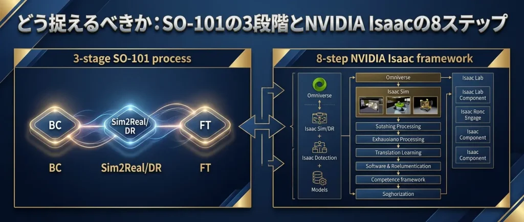 SO-101の3段階は、NVIDIA Isaac型の8ステップを学習しやすく圧縮した理解モデルである。