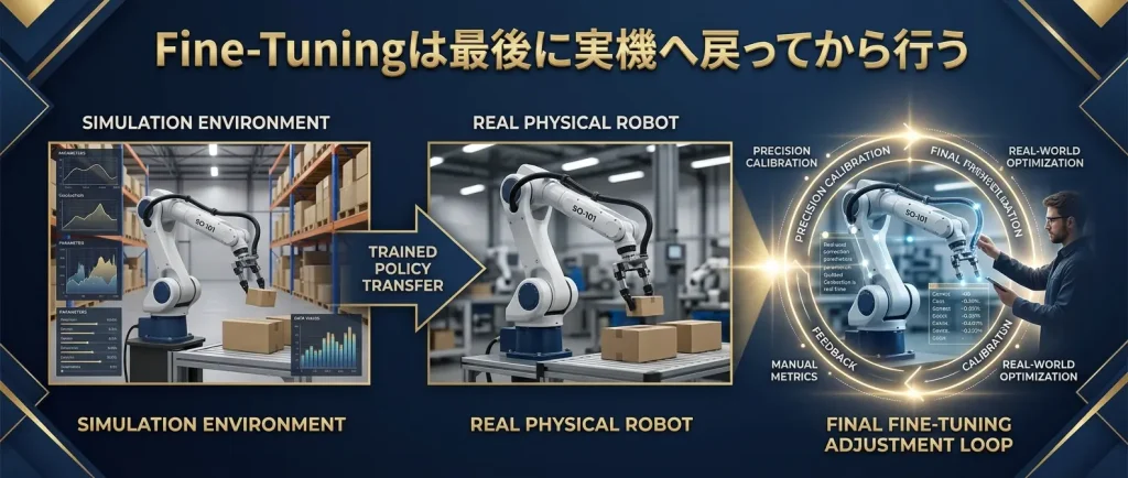 Fine-tuningはSim2Real前の準備ではなく、実機へ戻して現実差分を補正する工程である。
