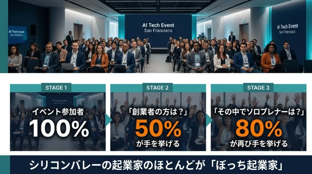 サンフランシスコのAI Tech Eventでは、その神話がすでに書き換わり始めていることを感じさせる光景があります。会場で「この中で創業者の方はいますか」と問いかけると、参加者の約半分が手を挙げる。さらに「その中でソロプレナー、つまり一人で会社を動かしている方は」と続けると、創業者のうち約8割が再び手を挙げる