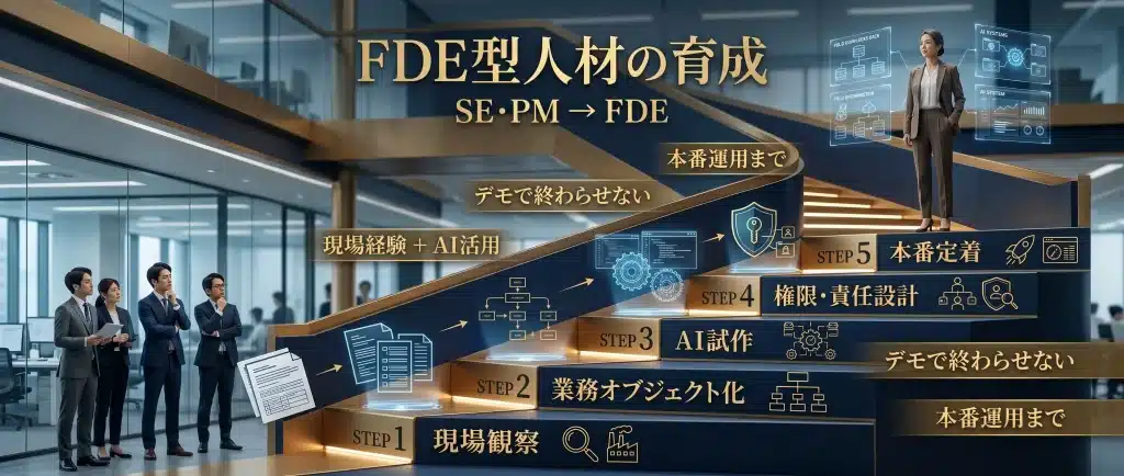 FDE型人材は、最初から採用するだけではなく、現場経験を持つSE・PM・テックリードから育てることができます。