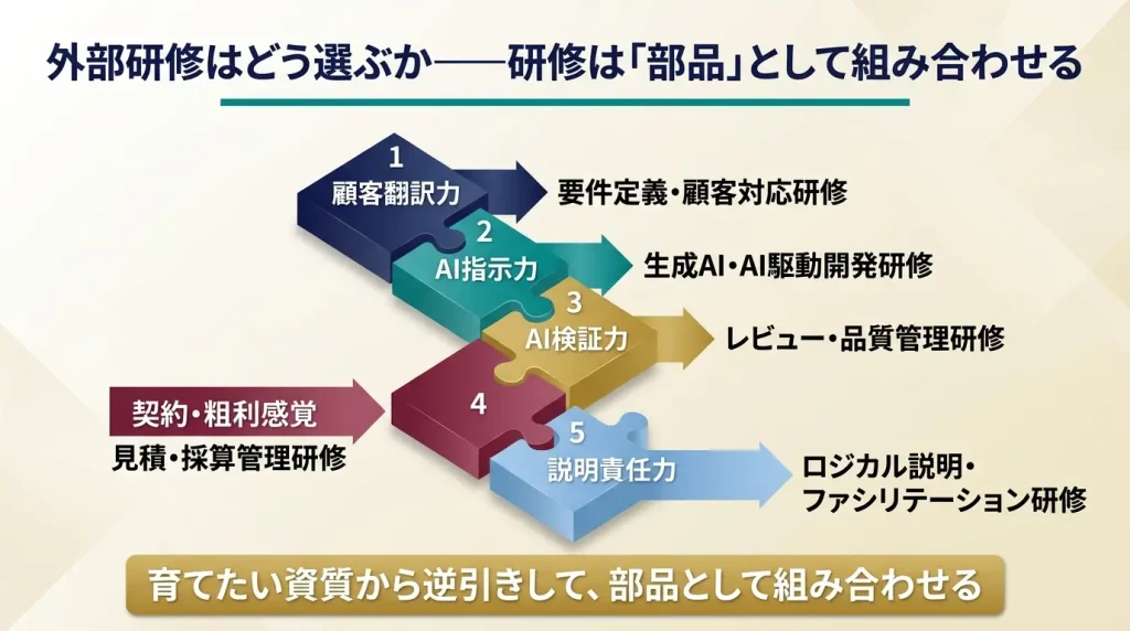 現場リーダー育成にぴったり一致する単独研修は少ない。要件定義、AI駆動開発、レビュー技法、見積・契約、コミュニケーション研修を部品として組み合わせる必要がある。