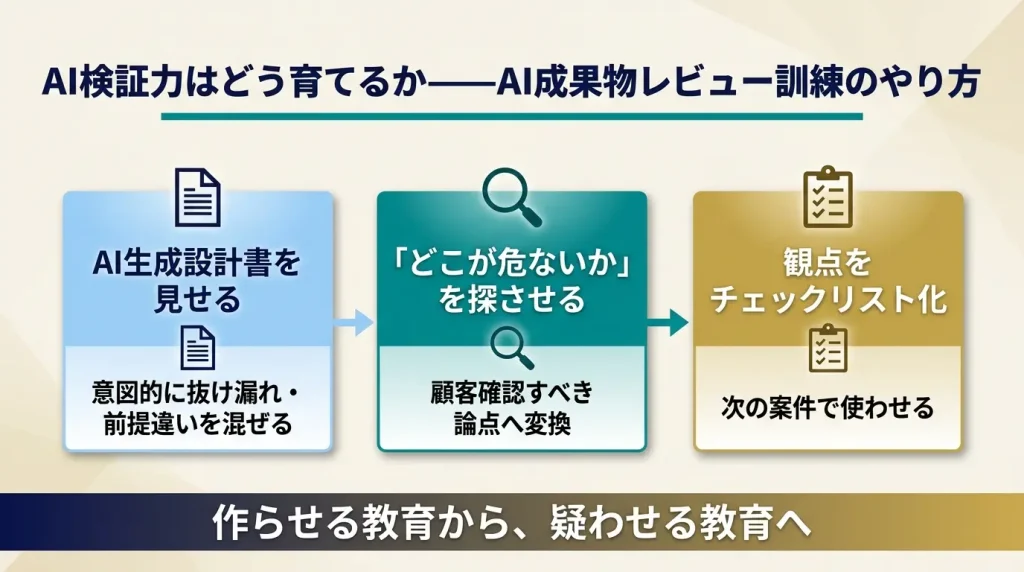 AI検証力は、座学だけでは育たない。AIが作った設計書・見積・テスト観点を教材にし、疑う訓練を繰り返す必要がある。