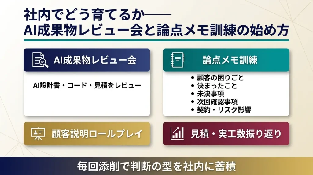 社内育成の基本は、AI成果物レビュー会、論点メモ訓練、顧客説明ロールプレイ、見積と実工数の振り返りである。