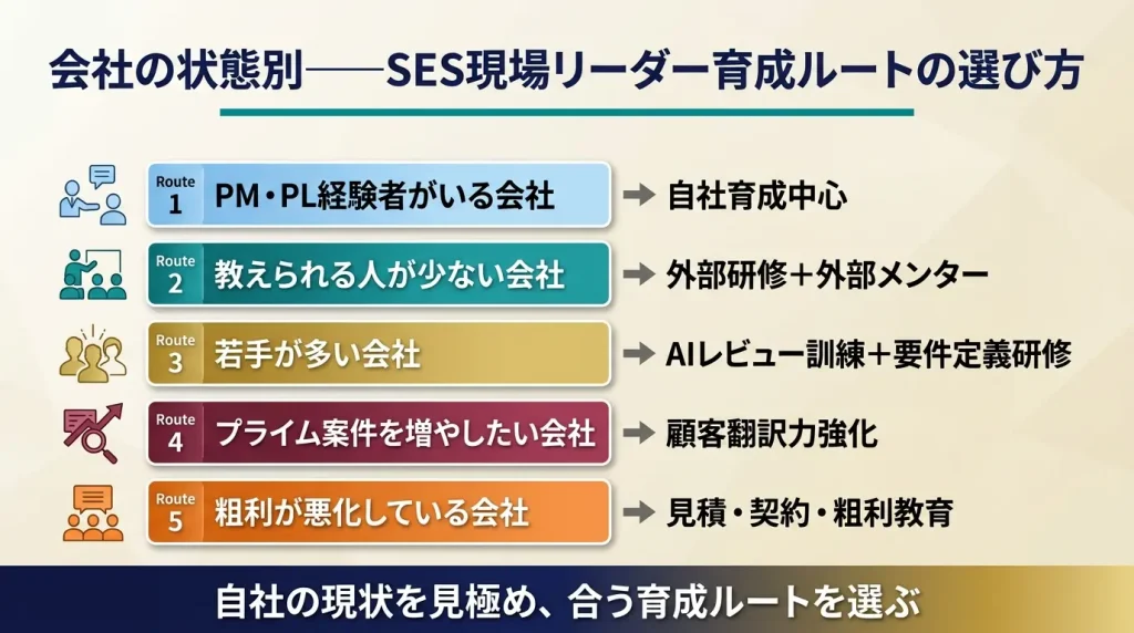 現場リーダー育成に唯一の正解はない。社内PMの有無、若手比率、案件構造、資金余力によって、選ぶべき育成ルートは変わる。