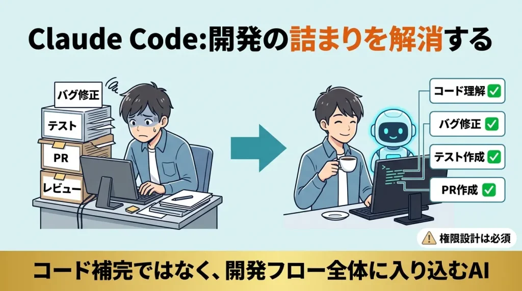 Claude Codeが開発ワークフローに組み込まれている様子。ターミナル画面でコードを読み、テストを実行し、PRを作成するエージェントの動作イメージ