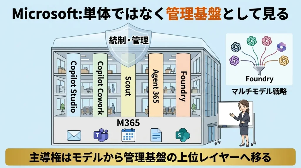 Microsoft Copilot生態系の全体像。M365を中心にCopilot Studio、Agent 365、Copilot Cowork、Scout、Foundryが管理基盤として統合されている構造図