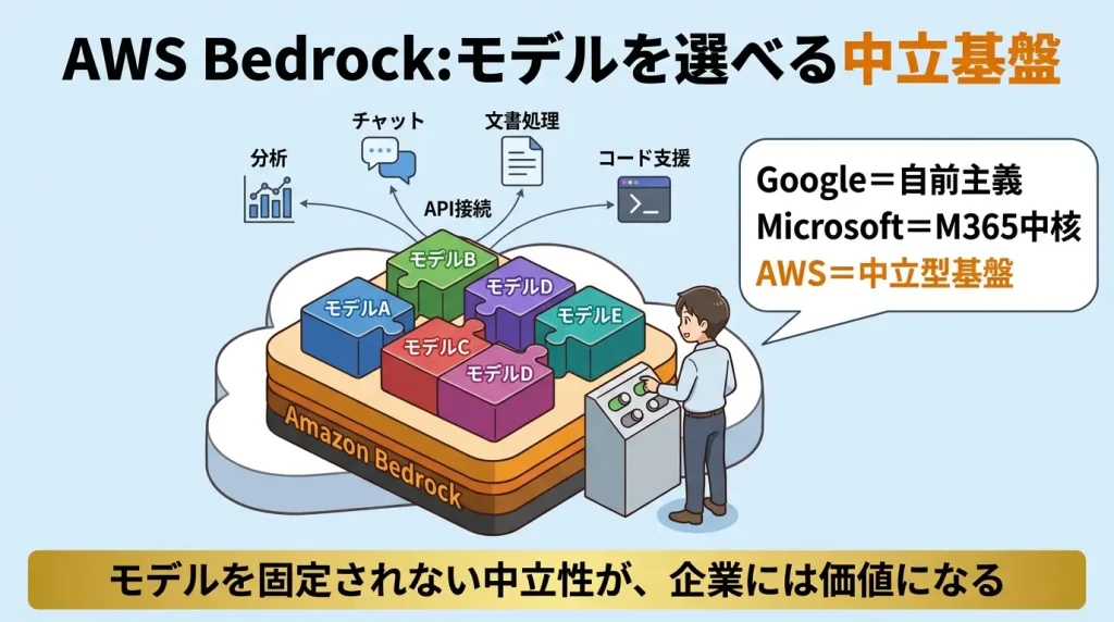 AWS Bedrockのマルチモデル基盤を示す概念図。複数のAIモデルがクラウド基盤上で選択可能な状態で並び、企業がニーズに応じて切り替えられる構造