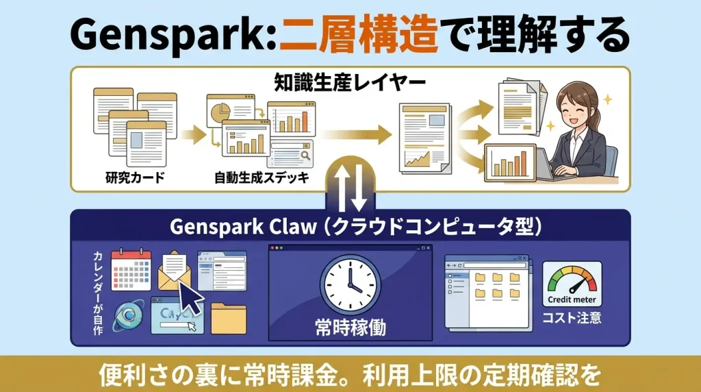 Gensparkの二層構造を示す概念図。上層にAIワークスペース（調査・資料作成）、下層にGenspark Claw（クラウドコンピュータ型エージェント）が配置されている