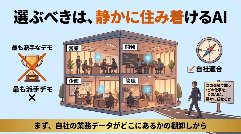 AIエージェント選定の結論を示す概念図。「最も賢いAI」ではなく「自社に最も静かに住み着けるAI」を選ぶという主要メッセージを視覚化