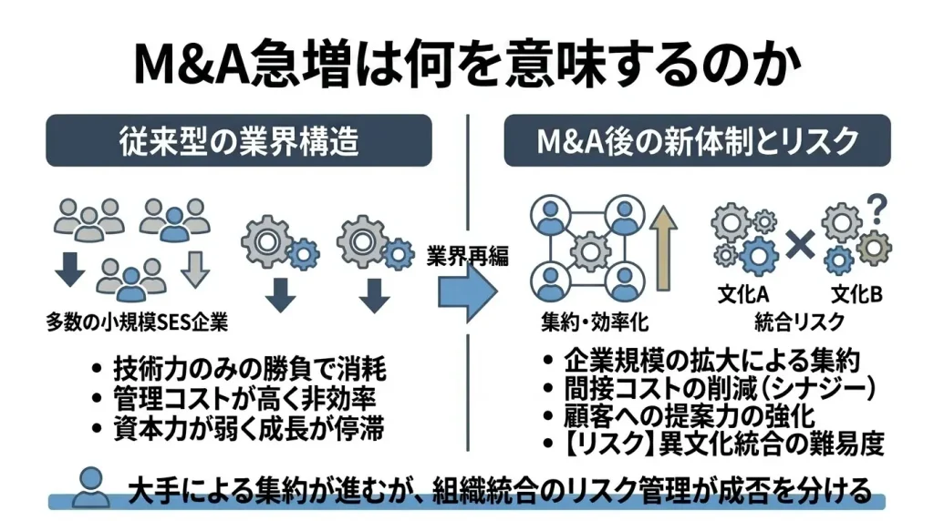中小SES企業が売りに出される背景と、大手やファンドが人材獲得や再編目的で買収を進める構造を整理したM&A再編の概念図