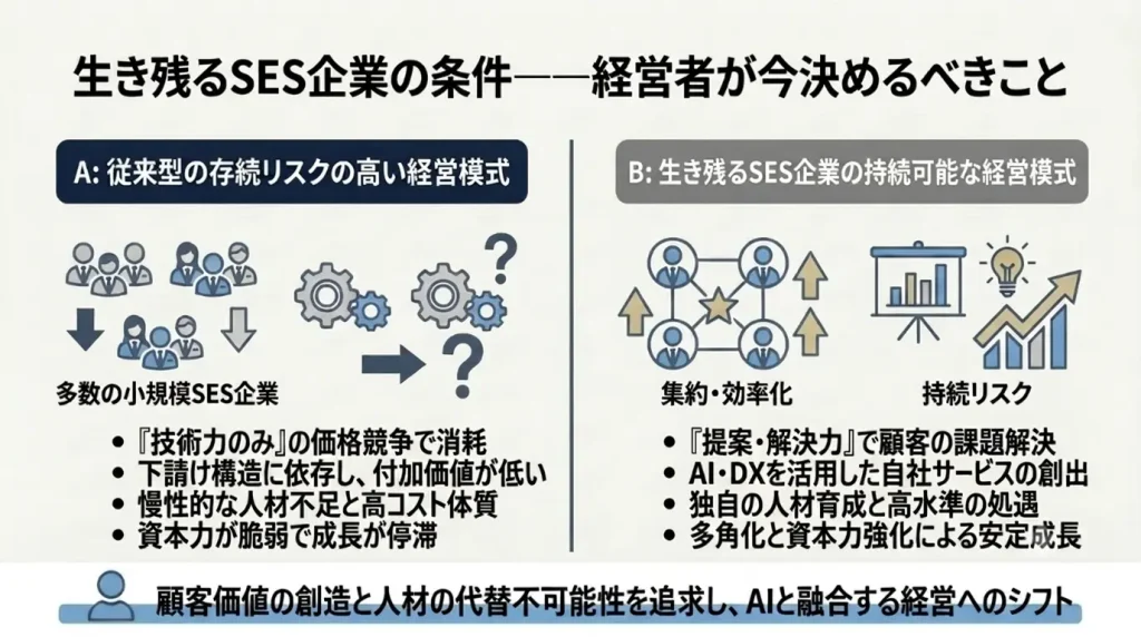 中小・中堅SES企業の経営者に求められる3つの判断、高付加価値化、人材育成の再設計、資本戦略の見直しを整理した意思決定図