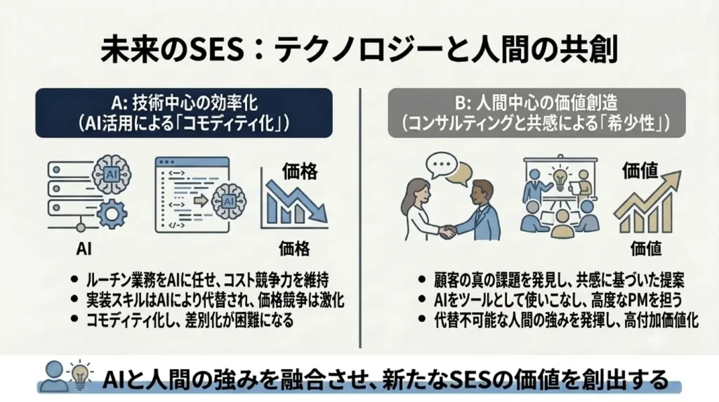 従来の入口業務が減る中で、若手教育は単純作業のOJTから、AI出力の検証、顧客理解、説明責任を鍛える方向へ変わるべきことを示す図