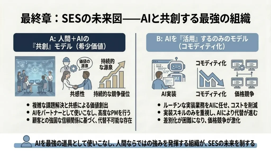 AI時代にIT需要は残る一方、SESが売ってきた実装人月は小物化し、現場リーダー育成と高付加価値化が経営分岐点になる構造図