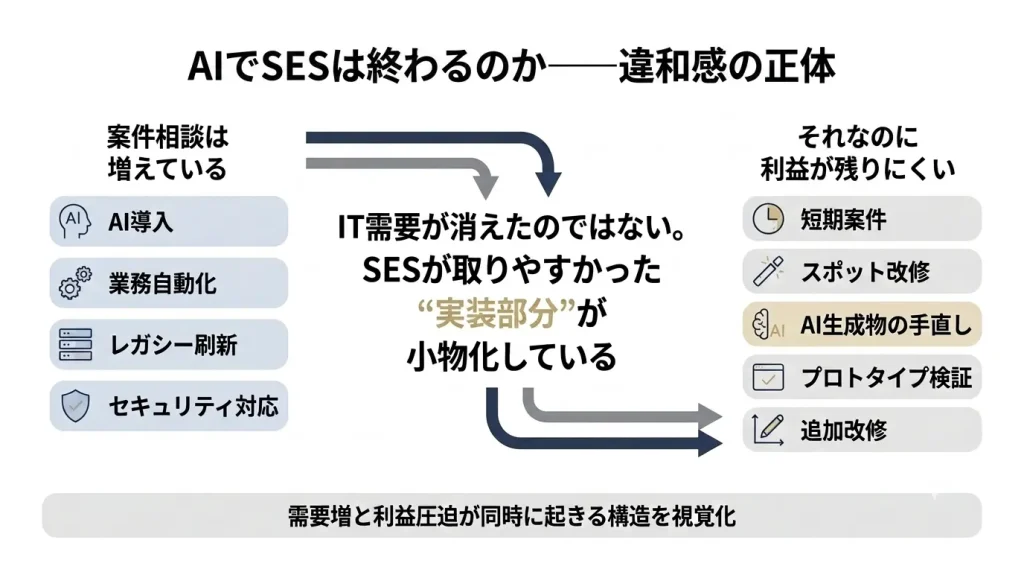 AI導入やDX需要で案件相談は増えている一方、SESが従来取りやすかった実装工程だけが縮み、利益が残りにくくなる構造変化を示す概念図