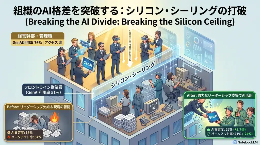 シリコン・シーリング 経営幹部（利用率76%）と現場従業員（利用率51%）の間に生じるAI活用格差。