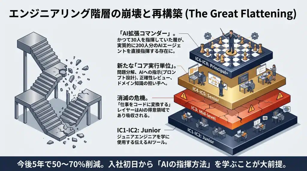 The Great Flattening図。AIによりPrincipal、Senior、Mid、Juniorの階層が再構築される様子。