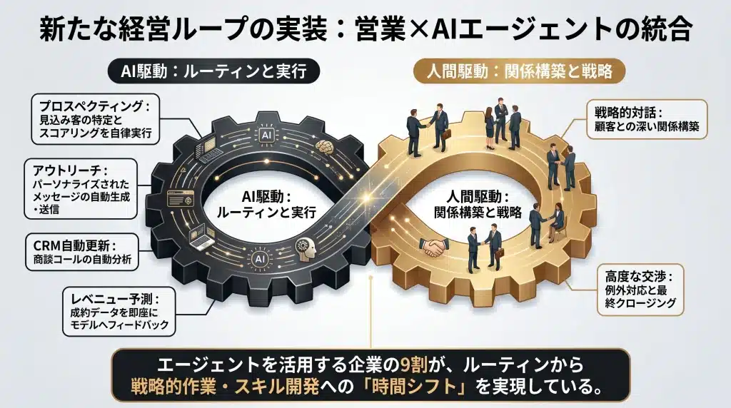 営業組織におけるAIの統合 ・AI（ルーティンと実行）：プロスペクティング（見込み客特定・スコアリング）、アウトリーチ（メッセージ生成）、CRM自動更新（コール分析）。 ・人間（関係構築と戦略）：戦略的対話（信頼構築）、高度な交渉（例外対応と最終クロージング）。 ・成果：エージェント導入企業の9割が「ルーティン実行」から「戦略的作業・スキル開発」への時間シフトを実現。