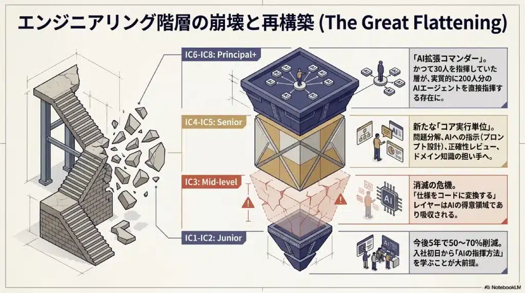 The Great Flattening図。AIによりPrincipal、Senior、Mid、Juniorの階層が再構築される様子。