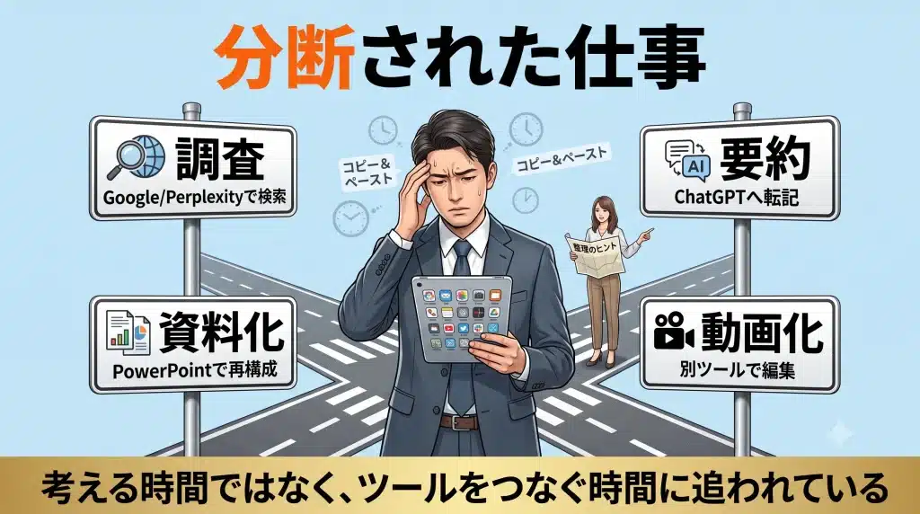 Gensparkがスライド、ドキュメント、画像、動画、コード、デザインを一つのワークスペースで扱えることを示す図