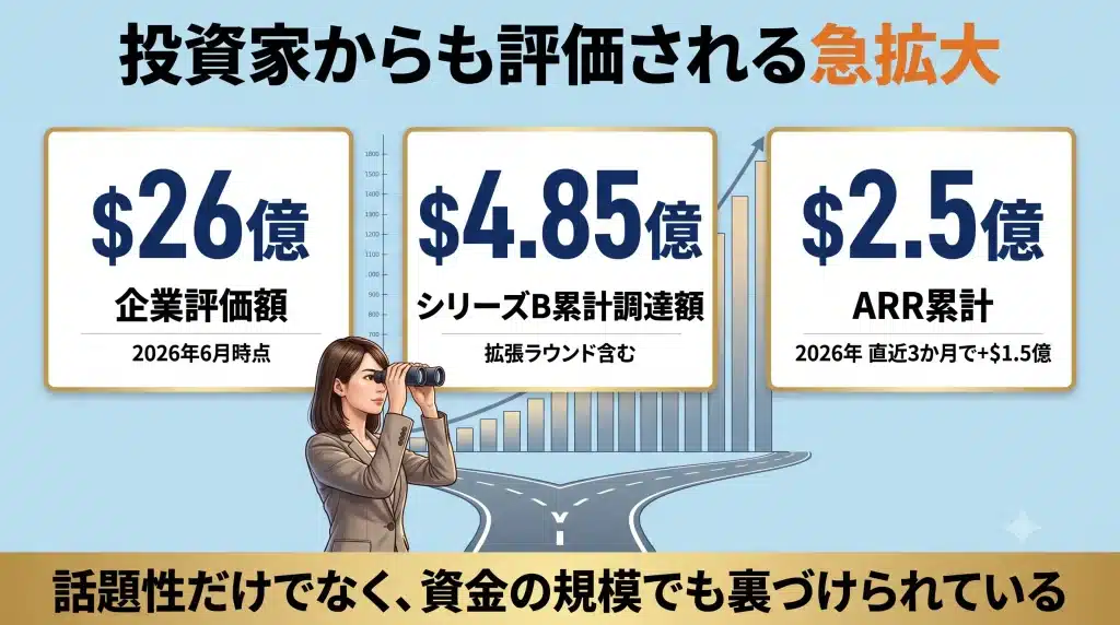 Series B拡張で1億ドルを追加調達し、評価額は26億ドル、Series B累計は4.85億ドルに達したと発表されました。また、同社発表によれば、2026年初めの3か月でARRを1.5億ドル積み増し、累計で2.5億ドル規模に到達