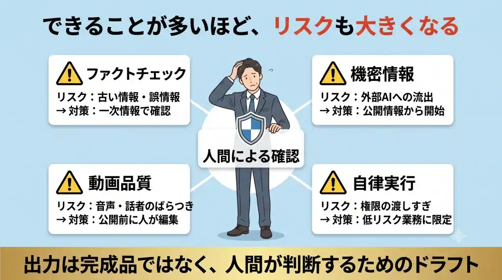 Gensparkは強力だが、ファクトチェック、機密情報、クレジット消費、動画品質、サポート面では慎重な運用が必要である。