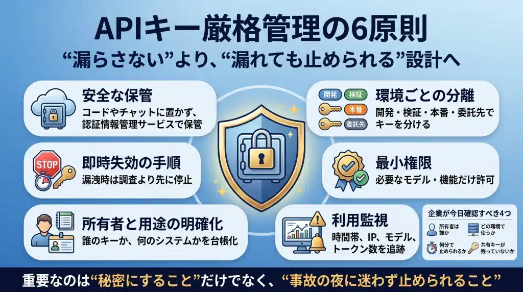 APIキー厳格管理の要点として、保管、分離、最小権限、監視、失効手順、所有者管理の六つを整理し、企業が今日から確認すべきポイントを一覧化した図解