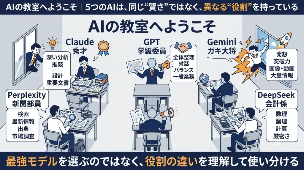 GPT、Claude、Gemini、Perplexity、DeepSeekを教室の役割にたとえて整理した比較図。GPTは学級委員、Claudeは秀才、Geminiはガキ大将、Perplexityは新聞部員、DeepSeekは会計係として示されている。