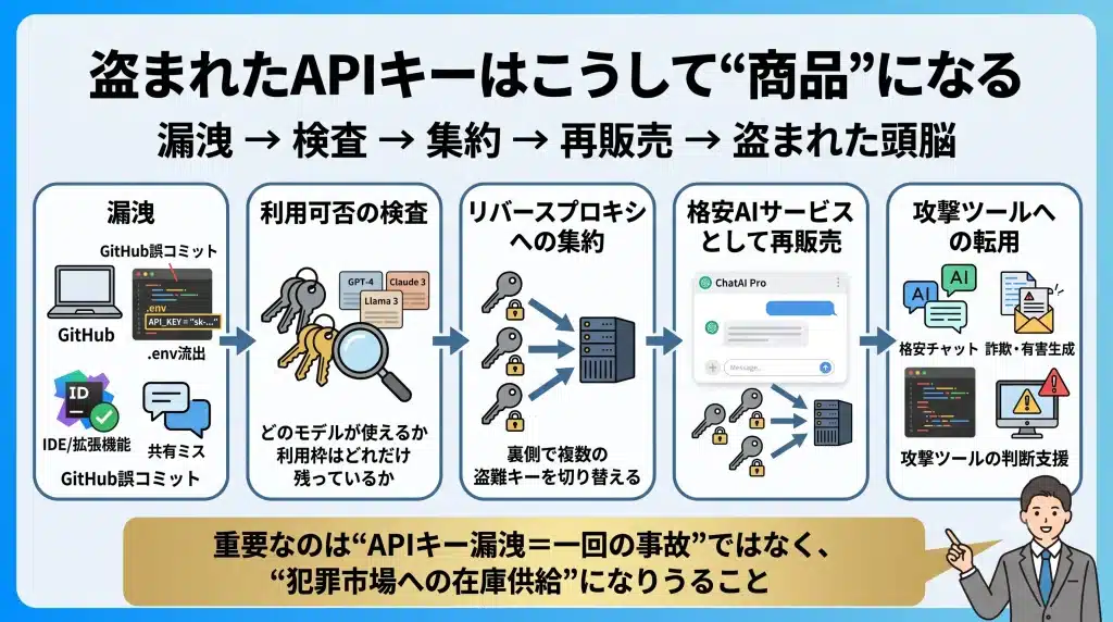一つの共有APIキーを開発・検証・本番・委託先で使い回した結果、深夜の異常利用時に誰も止められず、関係者確認の間に被害が拡大する様子を比較で示した図