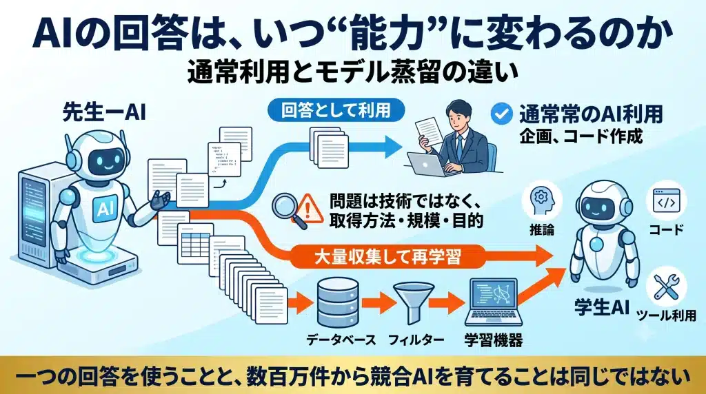 AIモデル出力を巡る権利関係を、個々の利用、大量取得、再学習、能力の再現、国外移転の5段階に分け、各段階で必要なルールが異なることを示した図解