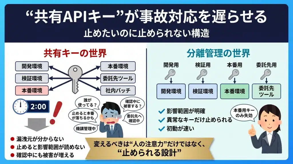 一つの共有APIキーを開発・検証・本番・委託先で使い回した結果、深夜の異常利用時に誰も止められず、関係者確認の間に被害が拡大する様子を比較で示した図