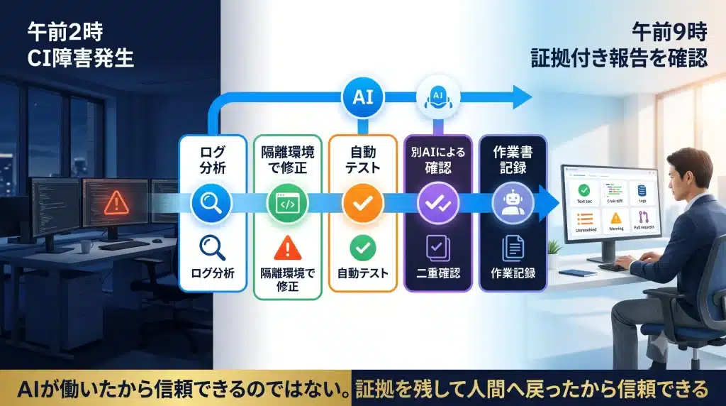 深夜2時にCIエラーを検知したAIが、ログ分析、隔離環境でのコード修正、テスト、別AIによる検証、作業記録を順に進め、朝9時にテスト結果・変更差分・未解決事項などの証拠を人間のエンジニアへ報告する、ループエンジニアリングの時系列を示した図。