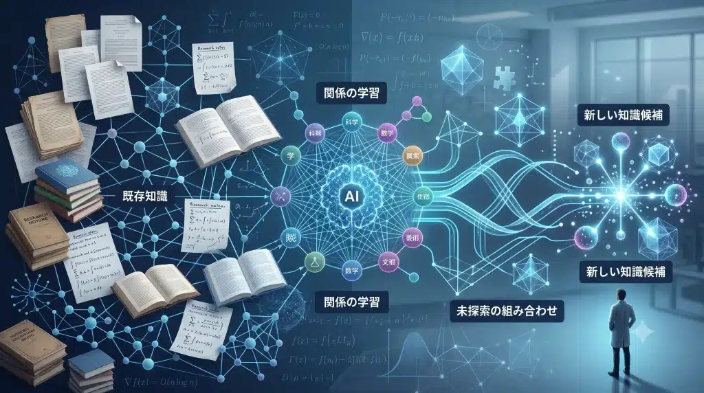人類の既存知識を材料に、AIが概念間の関係を学び、未探索の組み合わせを試し、未知の知識候補へ到達する流れを示した概念図
