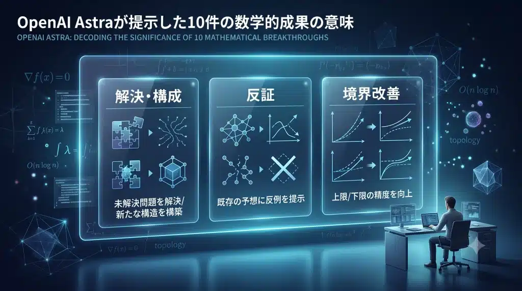 OpenAIのAstraが数学と理論計算機科学の未解決問題に対して示した成果を、解決・反証・境界改善の3種類に整理した高精細な概念図