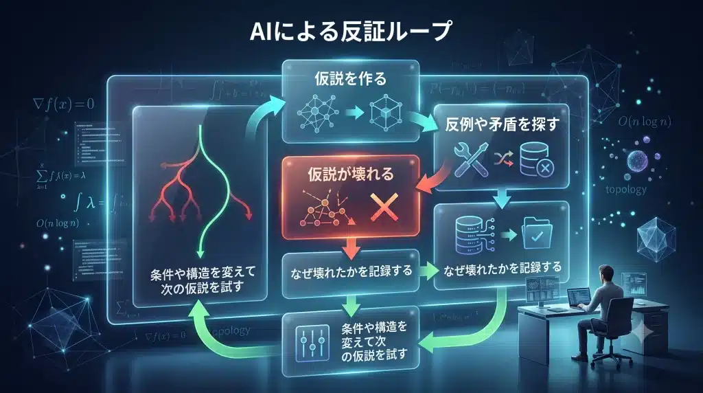 AIが仮説を立て、反例や矛盾を探し、失敗理由を記録し、条件を変えて再探索する「反証ループ」を視覚化した高精細な概念図
