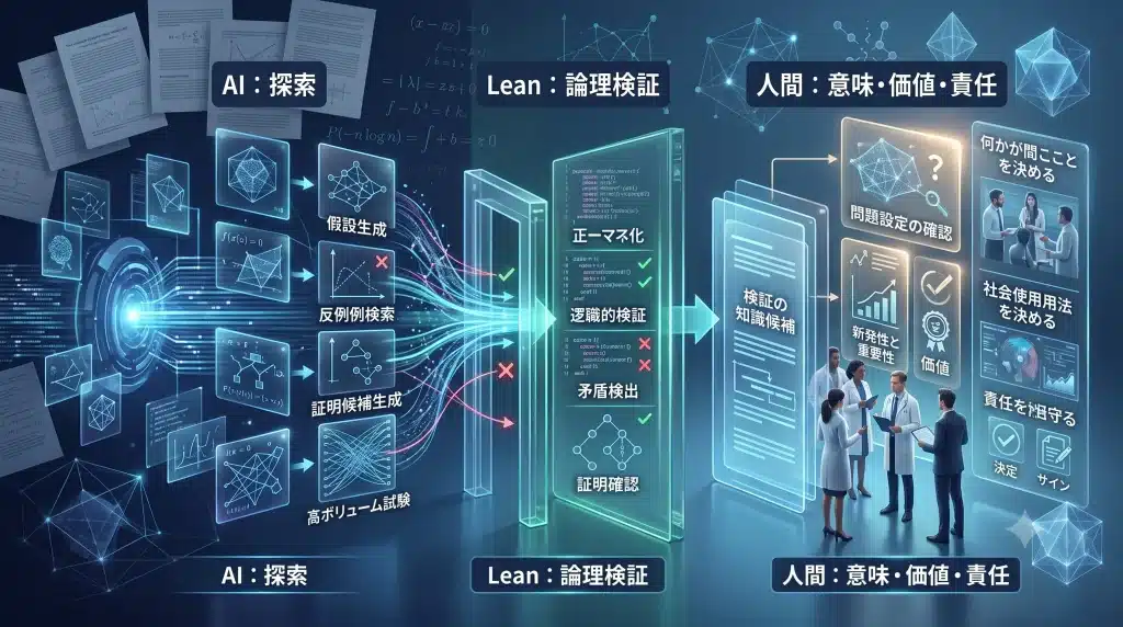数学的発見におけるAI、Lean 4、人間の役割分担を、探索・論理検証・意味判断と責任という3層で整理した高精細な概念図
