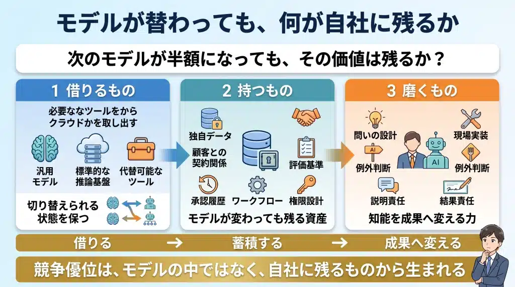 企業AI戦略で借りるもの・持つもの・磨くものを整理した図。基盤モデルと計算資源は借り、顧客データ・評価基準・権限・承認履歴は持ち、問いの設計・現場実装・例外判断・結果責任を継続的に磨く。