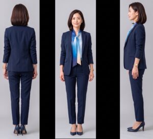 DomoAI Omni Referenceに参照させた女性案内人の正面・側面・背面の3方向画像