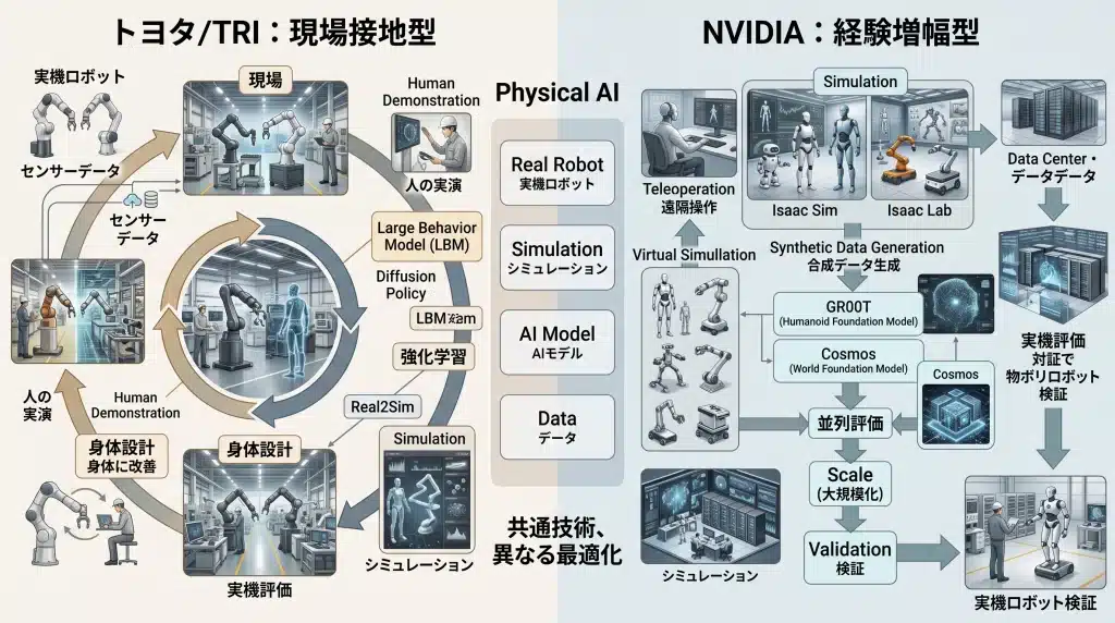 トヨタ／TRIとNVIDIAのPhysical AI開発方式を対等に比較した図。両者とも実機、AI、シミュレーションを使いながら、トヨタ／TRIは現実への接地、NVIDIAは経験の大規模化に重心を置く違いを示す。