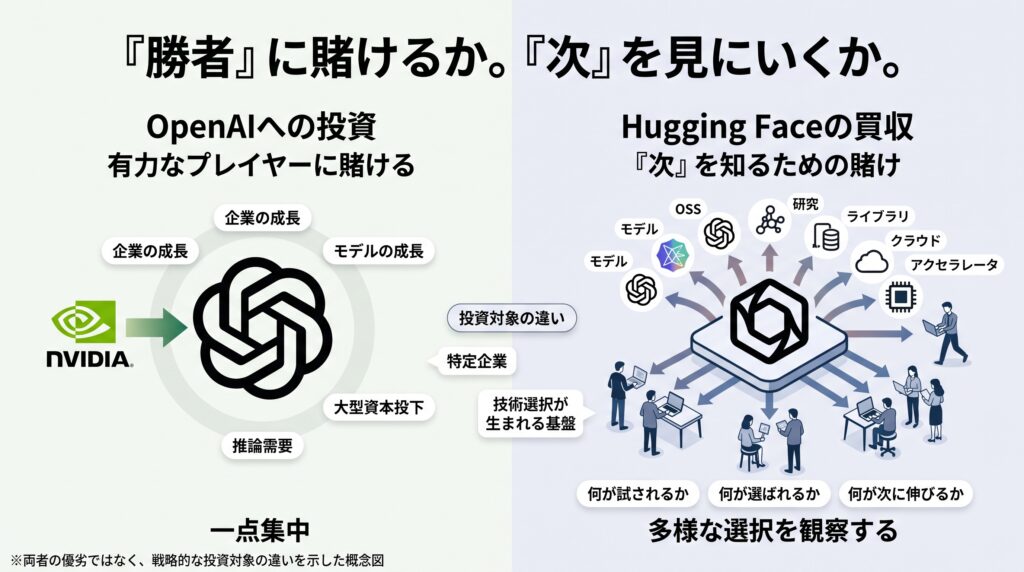 NVIDIAがHugging Faceの中立性を維持することで、AIエンジニアの自由な技術選択から市場シグナルを得る構造図