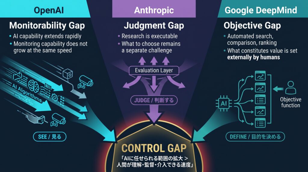 OpenAI・Anthropic・Google DeepMindの3つの課題がControl Gapへ収束する構造図